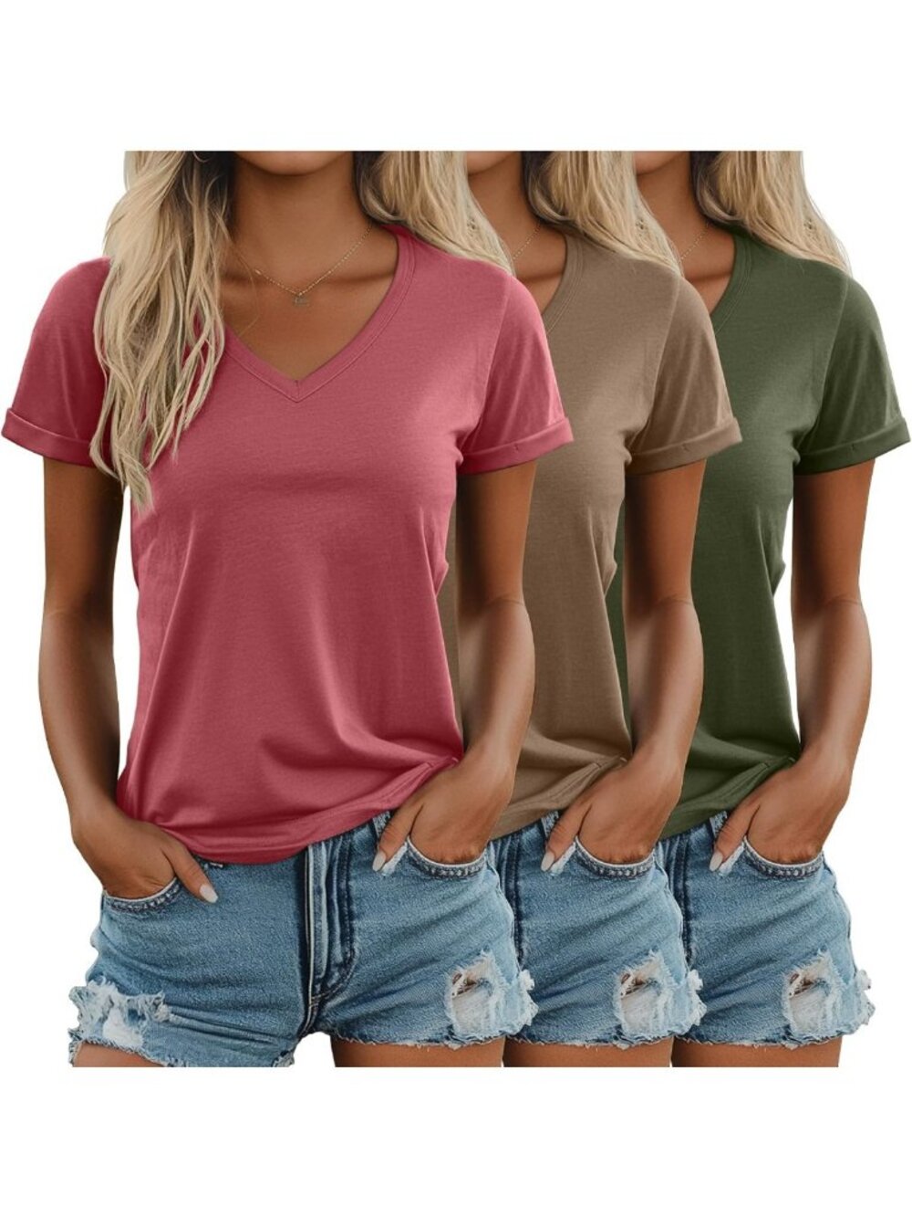 3 Pack Women's V-Neck Short Sleeve Tees - Soft, Casual, Everyday Essentials
